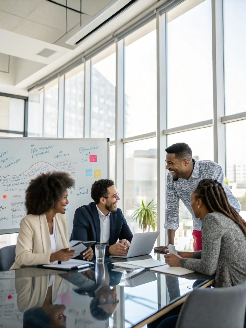 An image showcasing a team of consultants working on a digital transformation strategy with a client, focusing on data analysis and strategic planning.